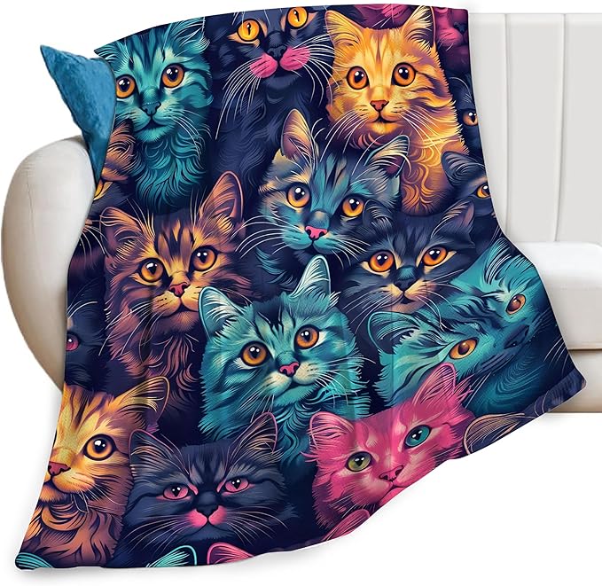 Funny Colorful Cat Print Blanket Kawaii Kitty Animal Throw Blankets Gifts for Couch Sofa Bed Stuff Decor Soft Cozy Fleece Plush Warm Flannel Bedding for Lover Men Women 60"x80"