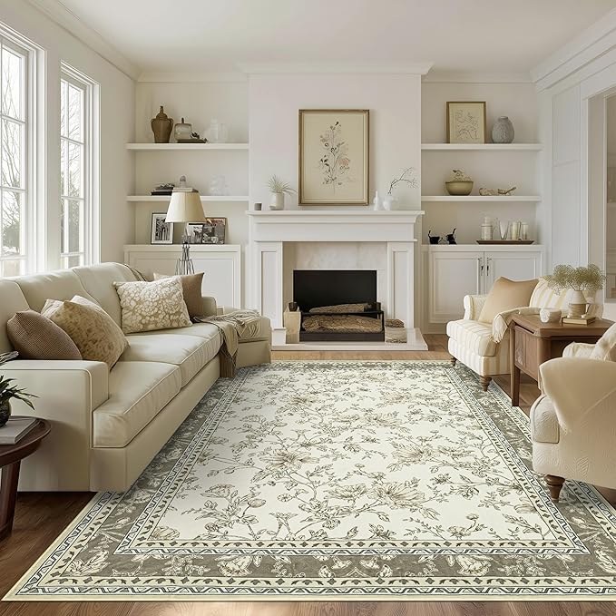 Large Neutral Beige Area Rug 9x12 for Living Room Earth Tone Cream Taupe Tan Pattern Modern Boho for Bedroom Soft Vintage Area Rug Farmhouse Floral Carpet for Dining Room Guest Bedroom Home Decor