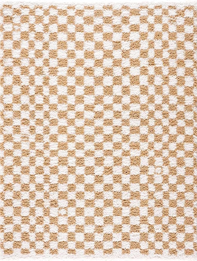 Hauteloom Kieu Contemporary Checkered Fluffy Shag Runner Rug - Modern Geometric Soft Carpet Tiles for Hallway, Kids Room, Nursery - White, Yellow - 2'7" x 7'3"