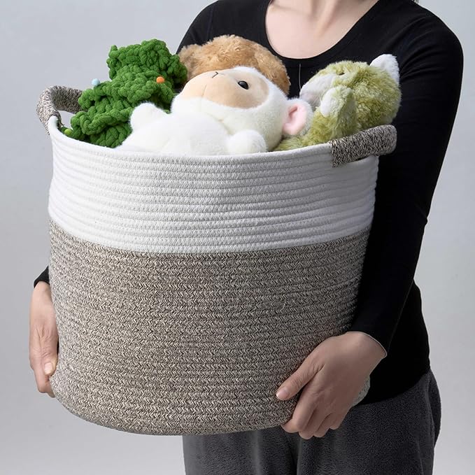 Blanket Basket - Woven Round Rope Storage Basket (16"Wx14"H) for Blankets & Throws, Small Laundry & Toy Organizer, Decorative Living Room & Bedroom Cotton Basket - White & Brown