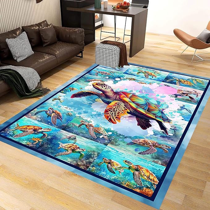 Turtle Area Carpet, 3x4ft, Colorful Ocean Themed Sea Turtle Floor Rugs, Blue Underwater Painting Rugs for Home Decoration, Fade Resistant Soft Foldable Mats for Dorm Family Entrance