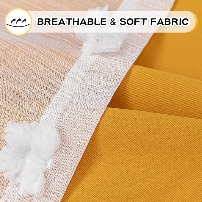 MYSKY HOME Nursery Curtains Yellow Double Layer Curtains for Bedroom 63 Inch Long Curtains for Kids Room Kithen White Pom Pom Sheer Grommet Room Darkening Window Curtains 2 Panels Set, 52 x 63 Inch