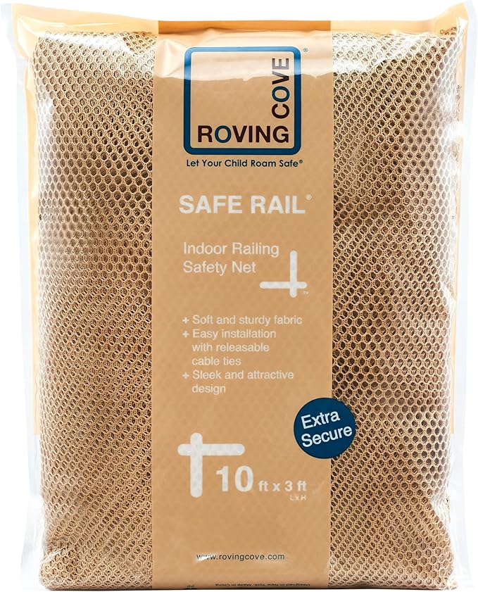 Roving Cove Stair Banister Guard 10ft x 3ft, Railing Safety Net for Baby Proofing, Child Safety Stairway Cover, Balcony Mesh Netting, Almond Brown
