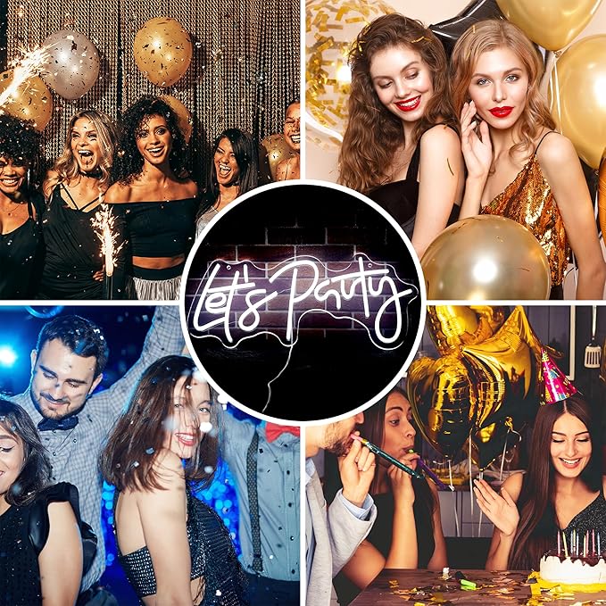 Let's Party Neon Sign for Wall Decor Led Neon Lights for Teen Bedroom Decor Art Light Up Letters Let's Party Neon Neon Signs for All Party Room Decorations USB 5v 21.7×10.4 Inch (White)