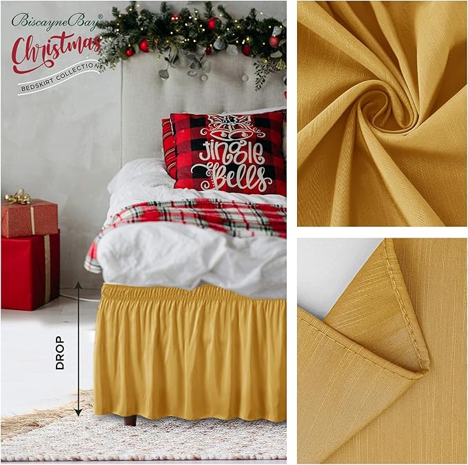 Biscaynebay Wrap Around Bed Skirts for Full & Full XL Beds 17" Long Drop, Gold Adjustable Elastic Dust Ruffles Easy Fit Wrinkle Resistant Silky Luxurious Fabric Machine Washable