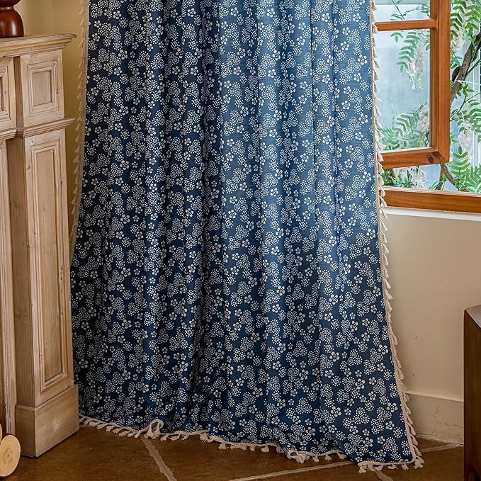 ENJOYBRIDAL White Floral Curtains 96 Inches Long Semi Sheer Navy Blue Drapes Decor Farmhouse Bedroom Tassel Window Curtains 2 Panel Sets Boho Rod Pocket Living Room Aesthetic Window Treatments