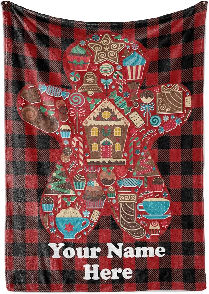 Custom Gingerbread Man Blanket - Ships Next Day, Printed in USA - Fleece or Sherpa Sofa Throw, Soft Christmas Bedding, Holiday Home Decor, Customizable Family Throws (Sherpa 60x80)