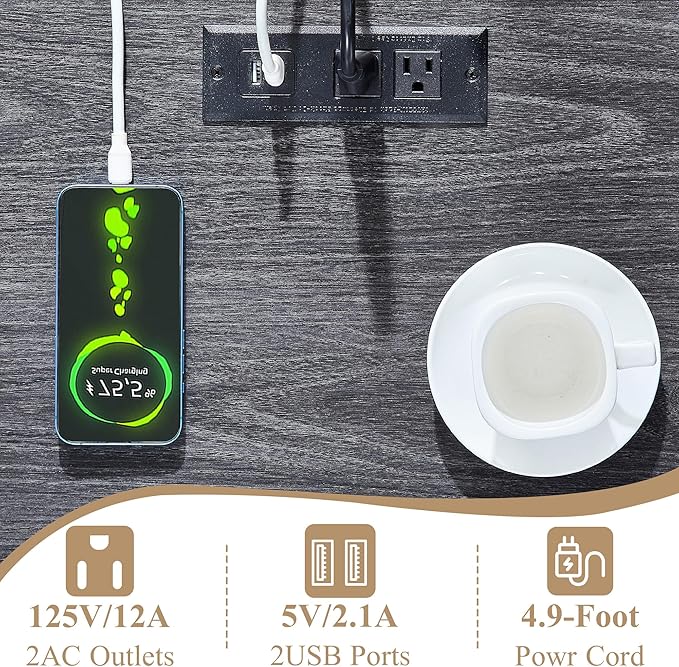 Grey Nightstand with Charging Station, Modern End Table with 2 Drawers Storage, Space-Saving Wood Storage Cabinet with Unique Base Design, Bedside Table for Bedroom, Living Room