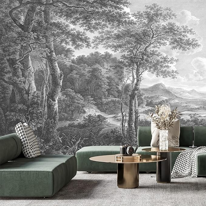 -Vintage Forest Fabric Wallpaper Grey Tree Mural Living Room 100" x 65" (Not Peel and Stick)