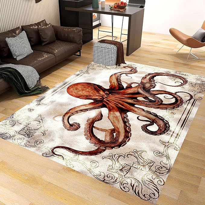 Octopus Area Rugs, 3x5ft, Vintage Ocean Octopus Print Indoor Throw Rug, Fade Resistant Durable No Crease Carpet, Rubber Backed Anti-Slip Printed Carpets for Bedside Dining Table
