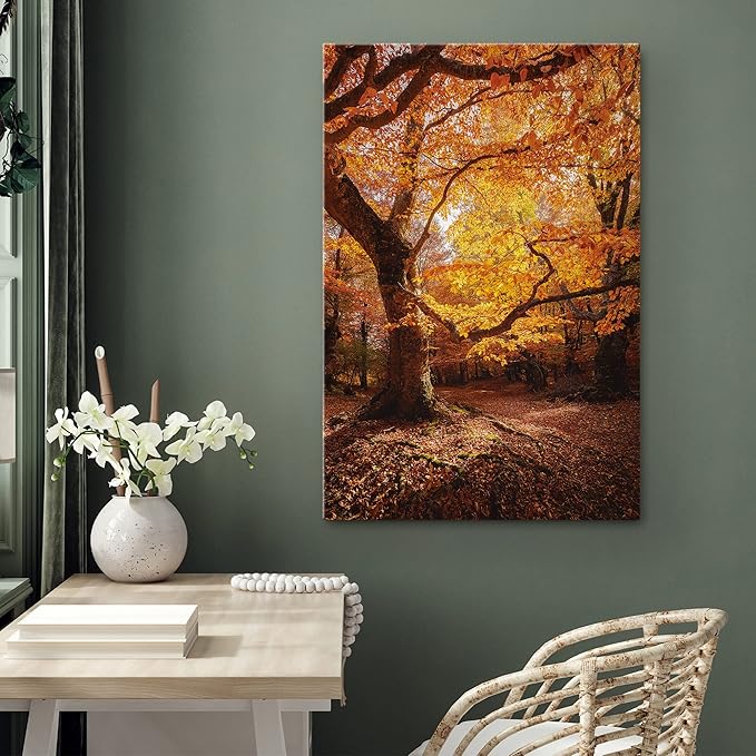 SIGNWIN Canvas Print Wall Art Autumn Red Leaf Oak Tree Forest Nature Wilderness Photography Modern Art Farmhouse/Country Landscape Colorful Multicolor Ultra for Living Room, Bedroom, Office - 16x24