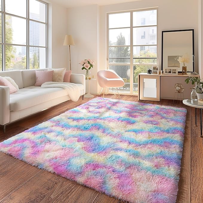Rainbow Rug for Living Room, 9x12 Area Rug for Cute Girls Room, Bedside Indoor Floor Fluffy Shag Carpet, Plush Soft Rug for Bedroom Nursery Dorm Home Decor