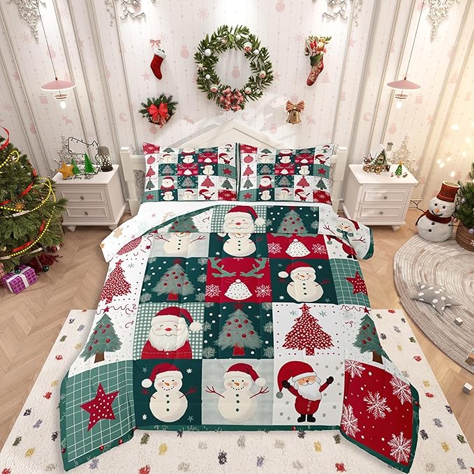 Feelyou Merry Christmas Comforter Set All Season Xmas Tree Snowman Bedding Set with 2 Pillow Cases Santa Claus Microfiber Kids Full Bedclothes Patchwork Bedroom Decor Duvet Quilt Breathable Soft