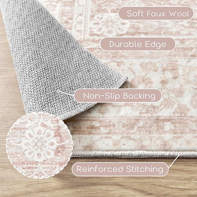 Washable 9x12 Area Rugs for Living Room Big Girls Bedroom Clearance Blush Pink Soft Faux Wool Neutral Boho Floral Extra Large Area Rug for Nursery,9 by 12