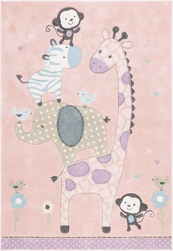 SAFAVIEH Carousel Kids Collection Area Rug - 6'7" Square, Blush Pink, Animal Design, Ideal for High Traffic Area for Boys & Girls in Playroom, Nursery, Bedroom (CRK120U-7SQ)