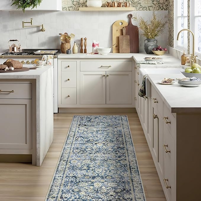 Vintage Design Flower Area Rug Distressed Carpet Multi 2x6 Cover Print Rug Kitchen Living Room Bedroom Dining Room,Blue