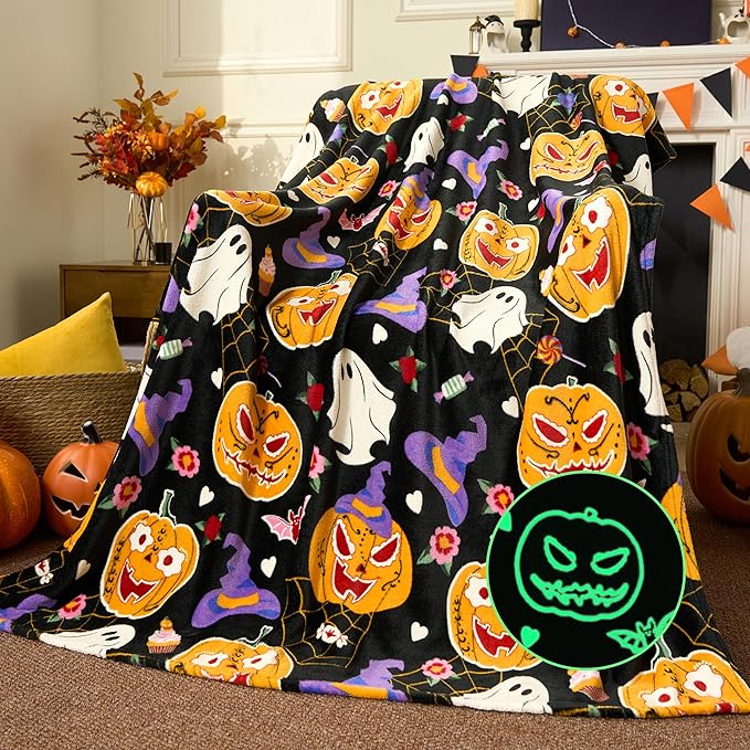 Joiedomi Glow in The Dark Blanket Pumpkin Black, Toys Gifts for Girls Age 2 3 4 5 6 7 8 9 10 11 12 Year Old, Soft Cozy Flannel Kids Throw Blanket, Christmas Birthday Present Bedroom Decor 50"×60"