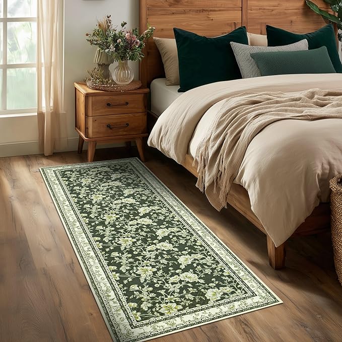 Olive Green Floral Print Area Rugs for Bedroom Living Room Boho Farmhouse Country Rustic Dining Room Carpet Soft Washable Rugs Non Slip Floor Covering for Nursery Playroom 3x8
