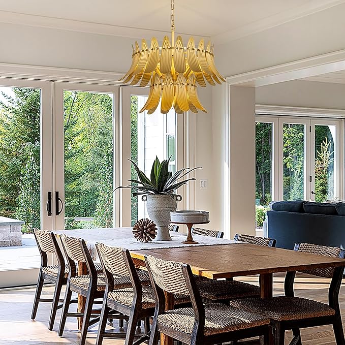 TOCHIC Modern Farmhouse Gold Chandelier, 6-Light Leaf Chandeliers for Dining Room, 24" 2-Tier Ceiling Light Fixture for Living Room, Bedroom, Entryway, Kitchen Island