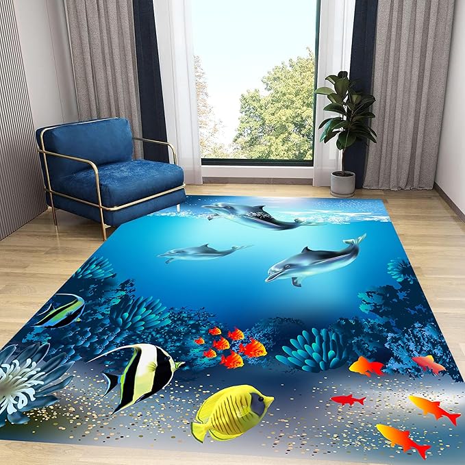 Sea Dolphin Indoor Area Mat, 5x6ft, Ocean Beach Coral Fish Bathroom Rug, Blue Ocean Theme Reduce Noise Home Decor Mat, Nursery Decor Washable Nonskid Carpet for Office Floor Sofa