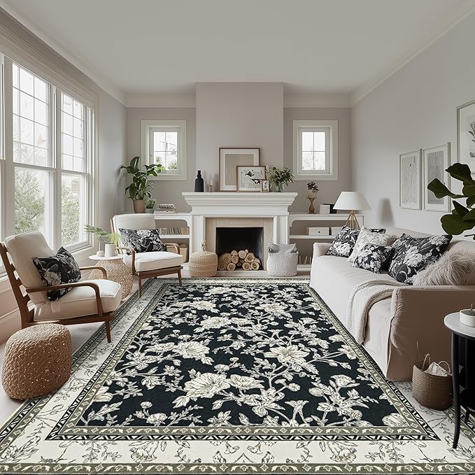 Black Farmhouse Washable 9x12 Area Rugs for Living Dining Room Bedroom Office Kitchen Table Large Rug for Under Table, Beige Cream Taupe Sketch Pattern Floral Vintage Boho Farmhouse Home Decor