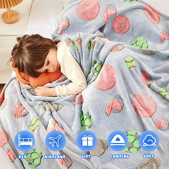 inhand Soccer Glow in The Dark Blanket Football Blanket Soccer Gift Toys for Boys Girls Teen Soft Cozy Kids Throw Blanket Bedroom Decor,Christmas Easter Birthday （Blue 50"x60"）