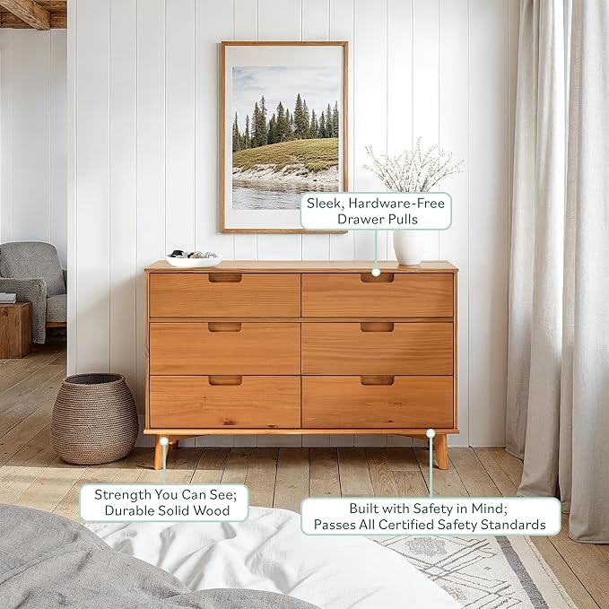 Walker Edison Sloane 6-Drawer Groove Handle Solid Wood Dresser, 52 Inch, Natural Pine