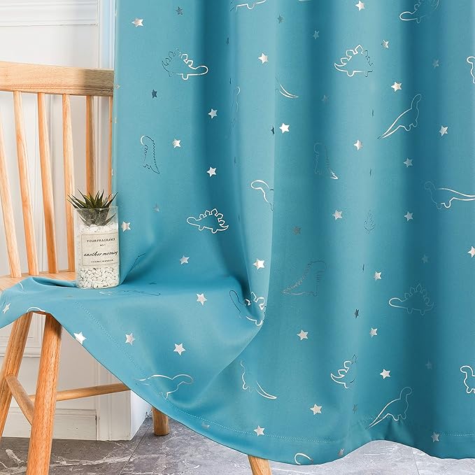 LORDTEX Dinosaur and Star Foil Print Blackout Curtains for Kids Room - Thermal Insulated Curtains Noise Reducing Window Drapes for Boys and Girls Bedroom, 42 x 63 Inch, Teal, Set of 2 Panels