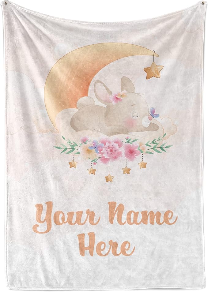 Personalized Baby Blankets with Name | Custom Rabbit Blanket for Girl and Baby Boy | Unisex Warm Soft Fleece Swaddle Blanket Minky | (Rabbit, Fleece 60"x80")