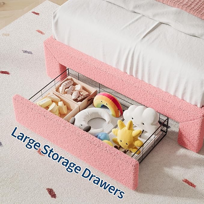 IDEALHOUSE Queen Bed Frame with LED Headboard and Under-Bed Drawer, Metal Upholstered Platform Bed with LED Light for Kids, Girls, Lamb Fleece Fabric, Wooden Slats Support, No Box Spring Needed, Pink
