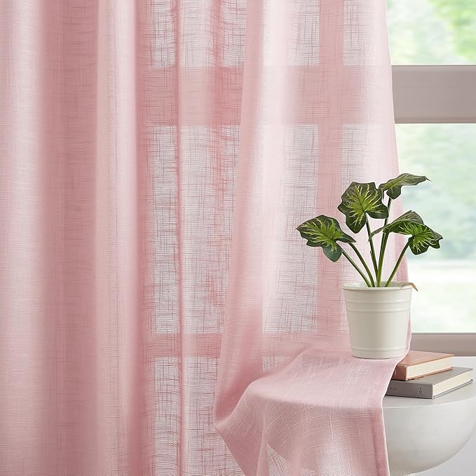 FMFUNCTEX Linen Semi Sheer Pink Curtains for Bedroom Living Room, Blush Pink Curtains 96 Inches Long Sheer Linen Textured Window Drapes Farmhouse Light Filtering 2 Panels Rod Pocket