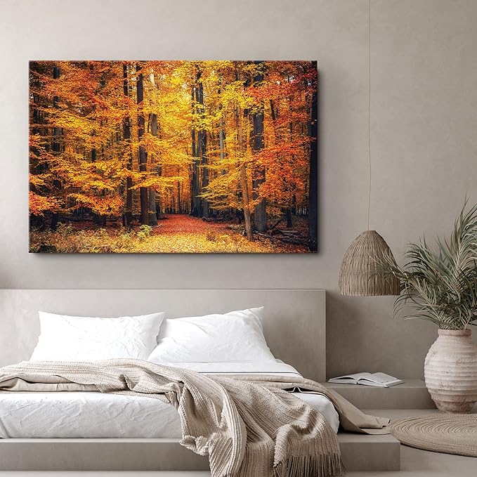 SIGNWIN Canvas Print Wall Art Golden Red Autumn Tree Leaf Forest Trail Nature Wilderness Photography Modern Art Rustic Landscape Relax/Calm Multicolor for Living Room, Bedroom, Office - 12x18