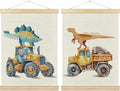 BCUANGD Dinosaur and Construction Truck Wall Decor - Dino Poster Hanger with Wood Frames Set of 2, Kids Car Vehicles Wall Hanging Canvas Decor for Kids Room Nursery Playroom, 12x16 Inches 482