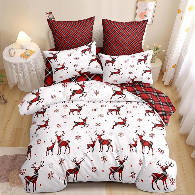 Christmas Duvet Cover Queen Size Red Gingham Christmas Deer Bedding Set 3 Pcs Kids Boys Girls Grid Checked Xmas Snowflake Elk Comforter Cover with Zipper Closure