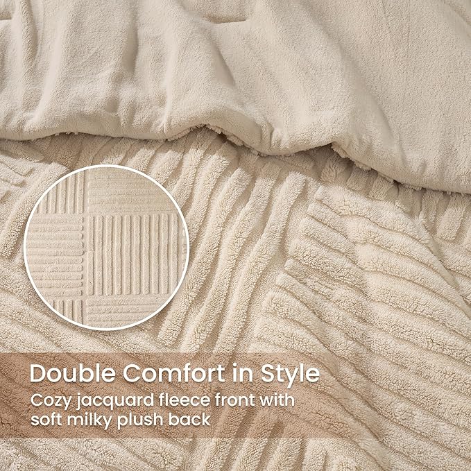 Amélie Home King Size Comforter Set with Stripe Jacquard Design, Khaki Fluffy King Bedding Set, Super Soft Plush Bedding Set for Winter,3 Pieces, 1 Soft Comforter and 2 Pillowcases