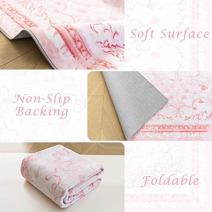 Pink Rug for Office Under Desk Rolling Chairs 4x6 - Small Classroom Rug Reading Corner,Washable Bow Floral Hardwood Floor Mat for Baby Nursery Bedroom