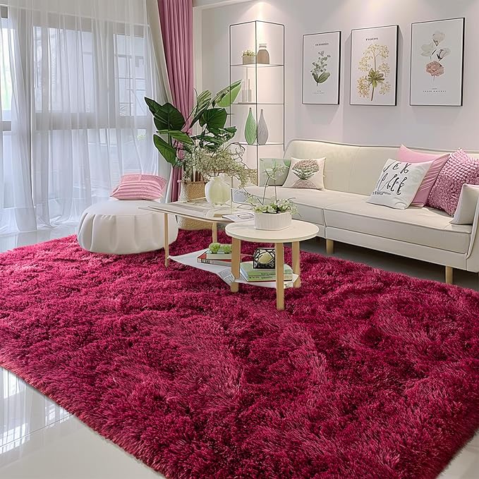 5x7 Rugs for Living Room - 1.4" Height Pile Plush Rug - Non-Slip Fluffy Throw Carpet for Bedroom - Burgundy