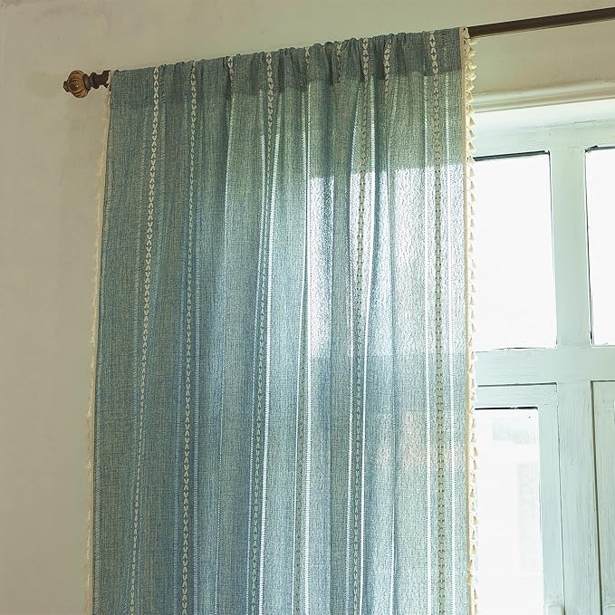 Deeprove Blue Boho Curtains 63 Inches Long for Bedroom Living Room Kitchen, Bohemian Embroidery Light Filter, Vintage Handmade Tassels Farmhouse Decor Drapery, Rod Pocket, 1 Panel W52 x L63