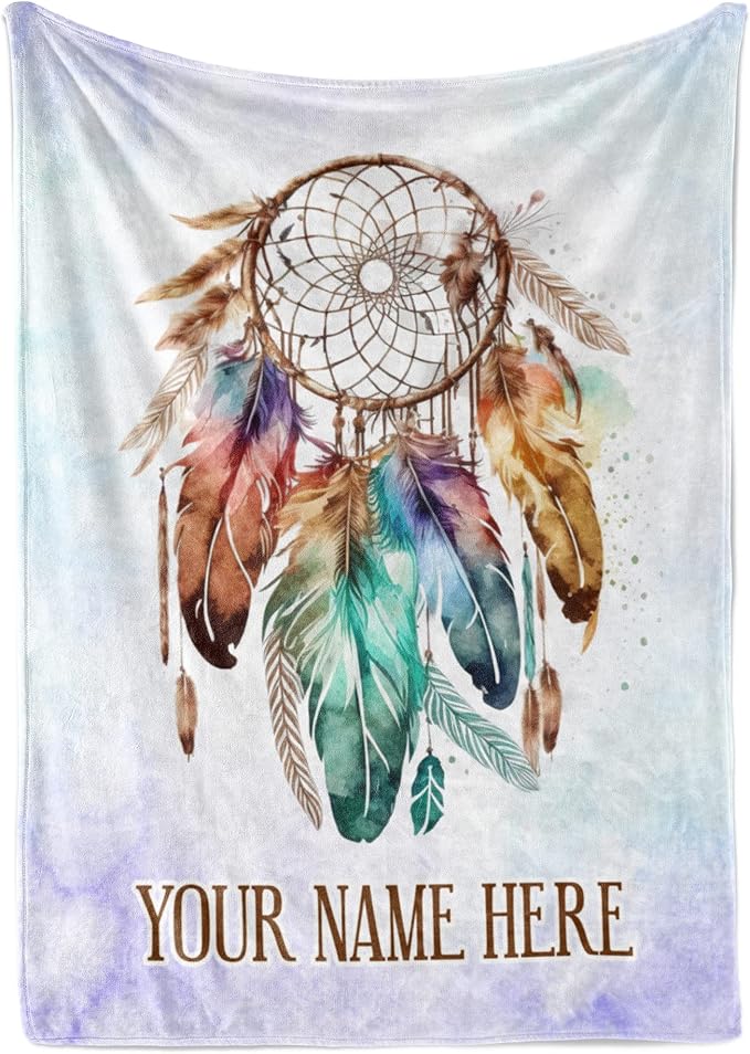 Personalized Dream Catcher Blanket with Colorful Boho Feather Graphic, Cute Custom Name Throw for Kids or Adults, Soft and Plush, Birthday Gift for Women or Men, Big Colorful (Fleece 60x80)