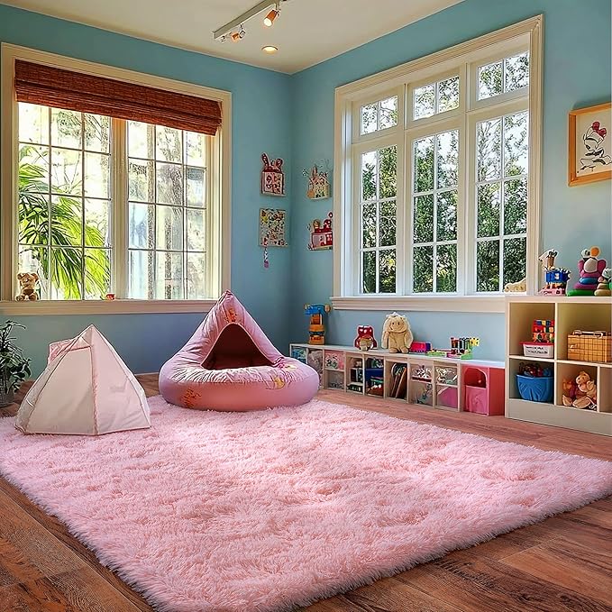 Pink Rug for Living Room, 8x10 Area Rug for Cute Girls Room, Bedside Indoor Floor Fluffy Shag Carpet, Plush Soft Rug for Bedroom Nursery Dorm Home Decor