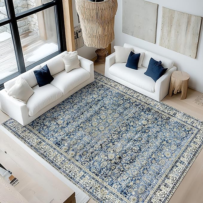Blue Distressed Carpet Multi Rug Kitchen Living Room Bedroom Dining Room,6x9 Cover Print,Vintage Design Flower Area Rug