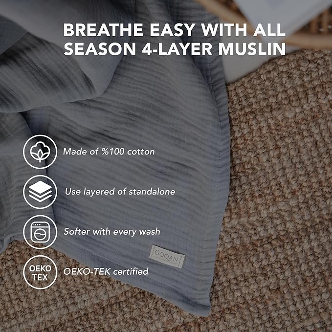 Goqan Muslin Blanket Queen 79x90 – 100% Cotton 4 Layer Boho Muslin Blanket for Adults, Lightweight, Soft, Breathable for Bed - Light Grey