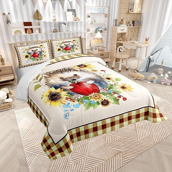 Castle Fairy Fall Sunflower Leaves Comforter Set,Cartoon Hedgehog Bedding Set Kids Teens Modern Decor,Autumn Harvest Thanksgiving Comforter with 1 Pillowcase for All Seasons,Twin