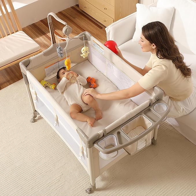 Pack and Play, Baby Bassinets Bedside Sleeper, Portable Crib, Diaper Changing Table & Baby Play Yard - Breathable Mesh & Steel Frame - Foldable for Newborn to Toddler (Cream Color)