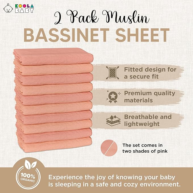 Bassinet Fitted Sheets - Compatible with Ingenuity Foldaway Rocking & Lullanight Soothing | 100% Organic Muslin Cotton - Light Pink + Dark Pink | 32x19 (2 Pack)