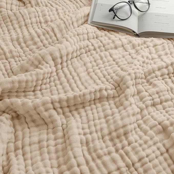 Comfy Cubs Muslin Throw Blanket - 50” x 60” Quilted Design - Lightweight, Breathable 6-Layer Gauze Fabric - Soft Cotton Blanket for Home or Travel - Packaged in Elegant Gift Box - Sand