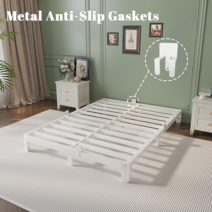 6 Inch King Size Bed Frame with Metal Gaskets, White Bed Frame King Size No Box Spring Needed, Heavy Duty Steel Platform Support, Round Corner Design, Noiseless, Easy Assembly