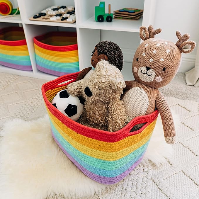 OrganiHaus Rainbow Woven Storage Baskets for Organizing, Cotton Rope Organizer Bins for Shelves, Closet & Nursery, Dog Toy Basket, Decorative Bins for Toys, Towels & Books - 15x10x9