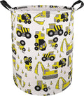 KUNRO Round Laundry Gift Basket Storage Hamper, Kids Toys and Clothes Storage Organizer Bins, Toy Shelf Basket with Handles for Room Decor (Excavator)