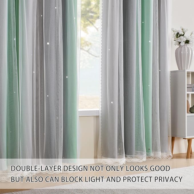 XiDi Green Grey Curtains for Girls Bedroom 2 Panels Set, Blackout Rainbow Curtains for Kids Room Decor, Unicorn Wall Decals Drapes for Little Girl Nursery Room 52 Inches Wide 72 Inches Long